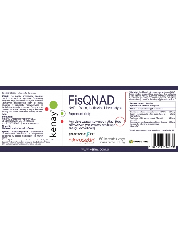 FisQNAD NAD+, fisetin, teaflawina i kwercetyna (60 kapsułek vege) suplement diety