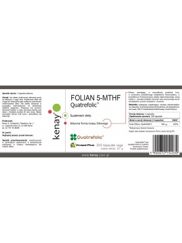 FOLIAN 5-MTHF (aktywny kwas foliowy) Quatrefolic® (300 kapsułek) - suplement diety