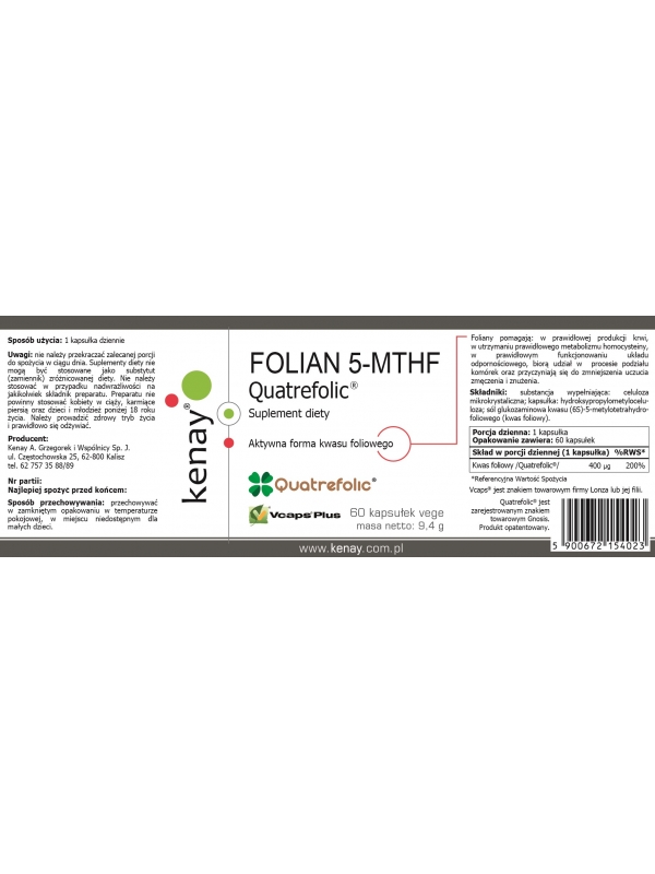 FOLIAN 5-MTHF (aktywny kwas foliowy) Quatrefolic® (60 kapsułek) - suplement diety