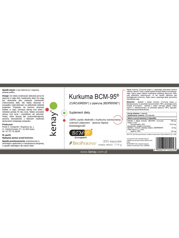 Kurkuma BCM-95® (CURCUGREEN®)  z piperyną (BIOPERINE®) (300 kapsułek) - suplement diety