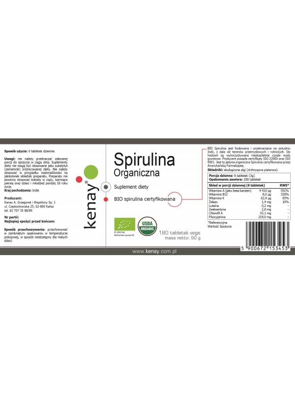 Spirulina Organiczna (180 tabletek) - suplement diety