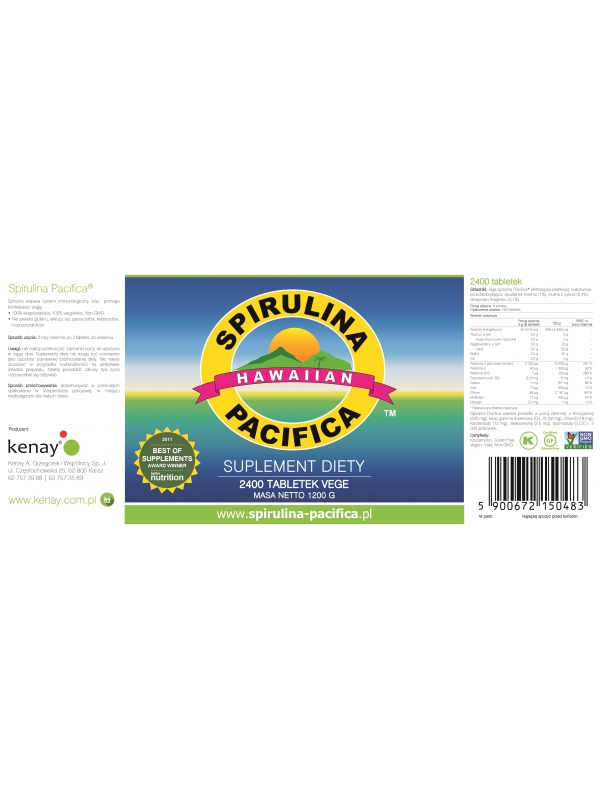 Spirulina Pacifica® hawajska 500 mg (2400 tabletek) - suplement diety