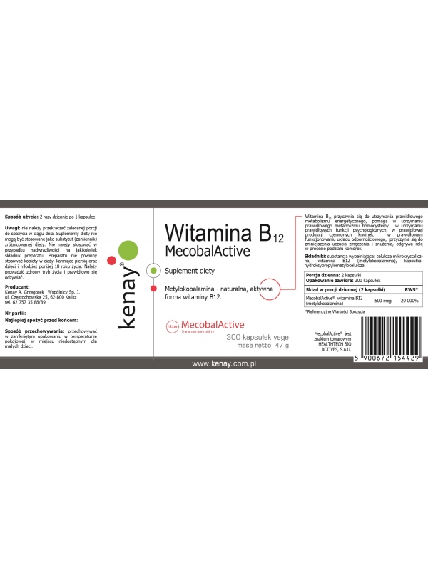 Witamina B12 (metylokobalamina) MecobalActive® (300 kapsułek) - suplement diety