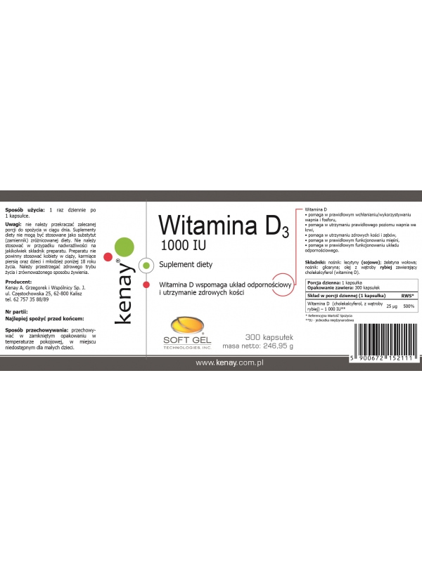WITAMINA D3 1000 IU (300 kapsułek) - suplement diety