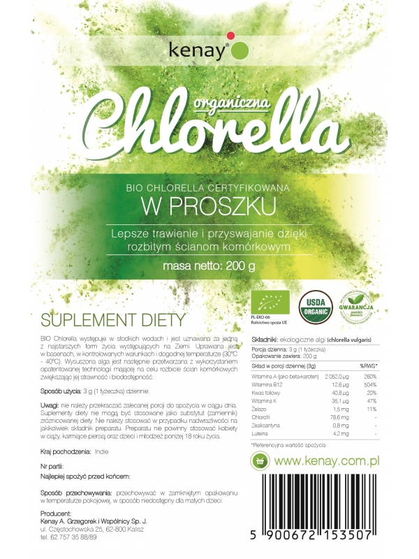 Chlorella Organiczna w proszku (200 g) - suplement diety