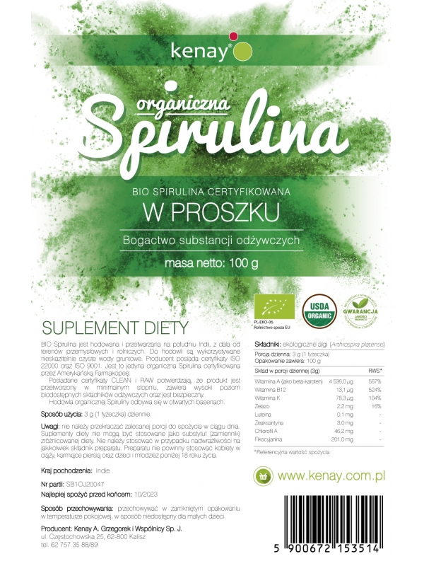 SPIRULINA ORGANICZNA w proszku (100 g) - suplement diety