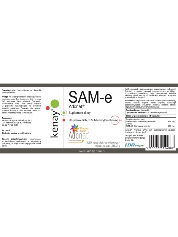 SAM-e S-Adenosyl-L-Methionine ADONAT® (120 kapsułek dojelitowych) - suplement diety