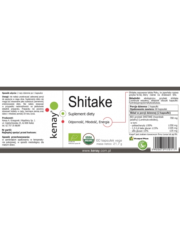 Shitake BIO (60 kapsułek) - suplementy diety