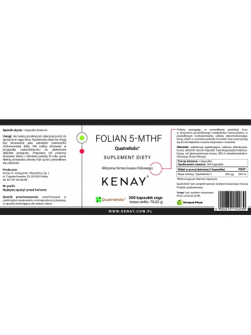 FOLIAN 5-MTHF (aktywny kwas foliowy) Quatrefolic® (300 kapsułek) - suplement diety